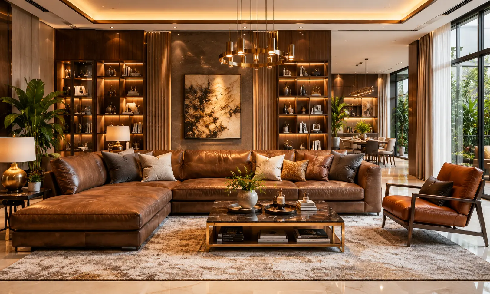 Luxury dark brown leather sofa in a premium modern living room interior with warm lighting, elegant wooden decor, stylish luxury home design by Sofa Care Bengaluru.