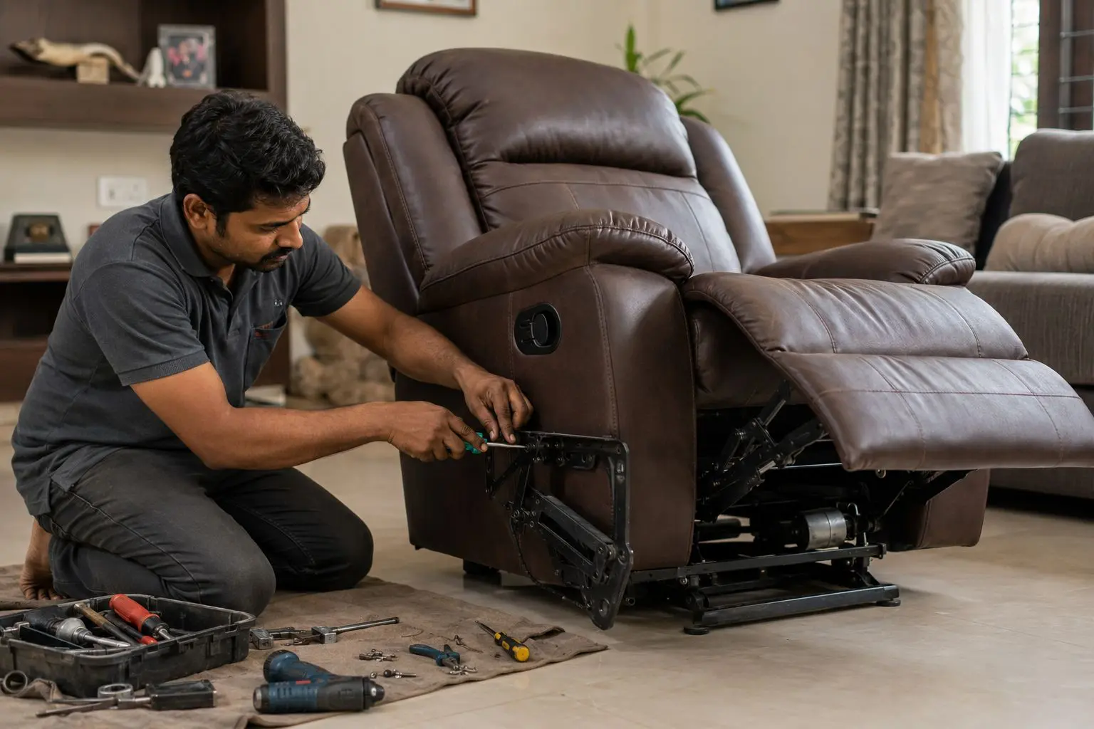 Professional recliner service and repair in Bengaluru featuring luxury recliner sofa maintenance, motor repair, premium upholstery work, comfortable seating solutions, and modern living room furniture by Sofa Care Bengaluru.