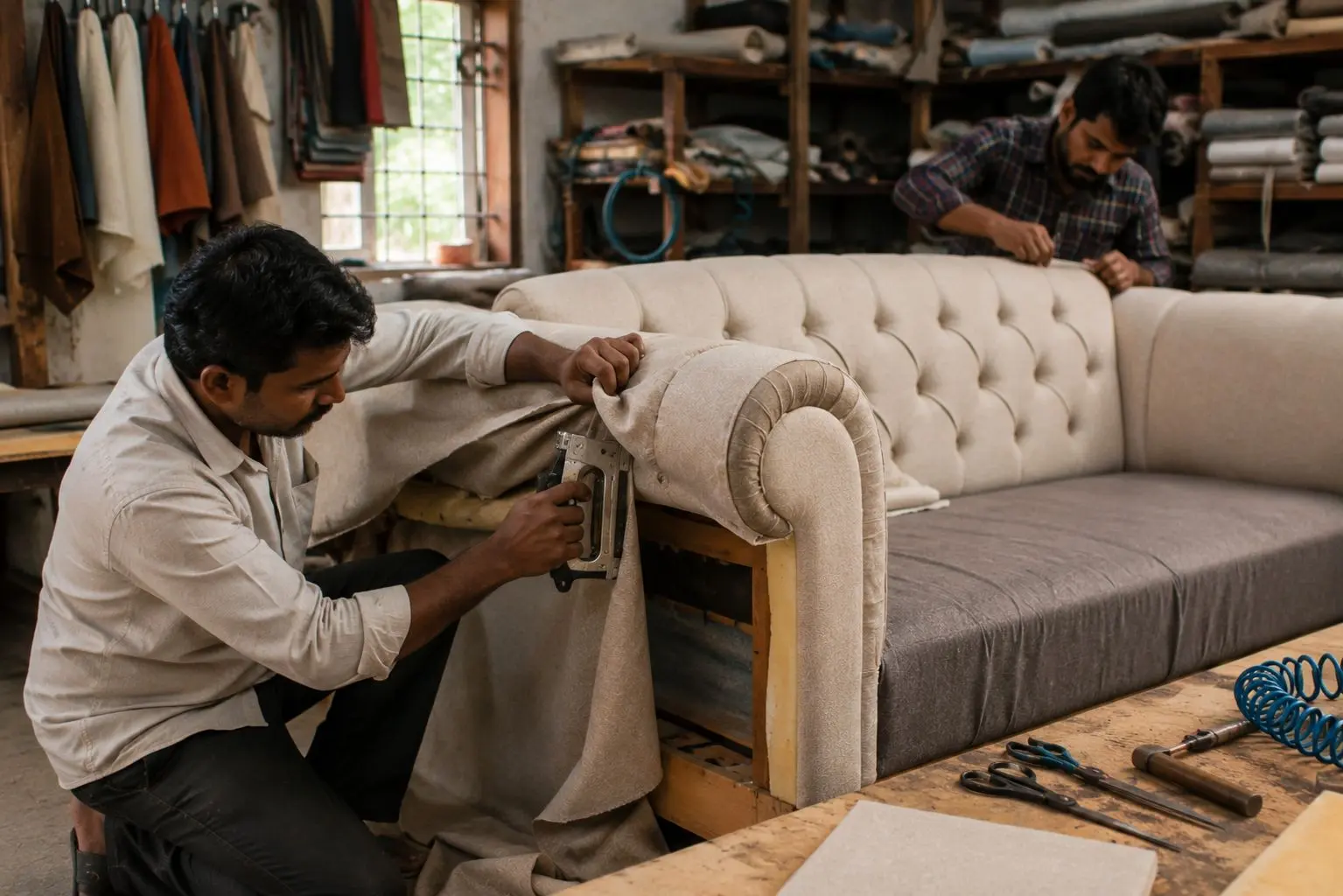 Premium sofa upholstery service in Bengaluru with luxury fabric replacement, custom sofa design, modern upholstery work, elegant interior furniture, and high-quality sofa restoration by Sofa Care Bengaluru.